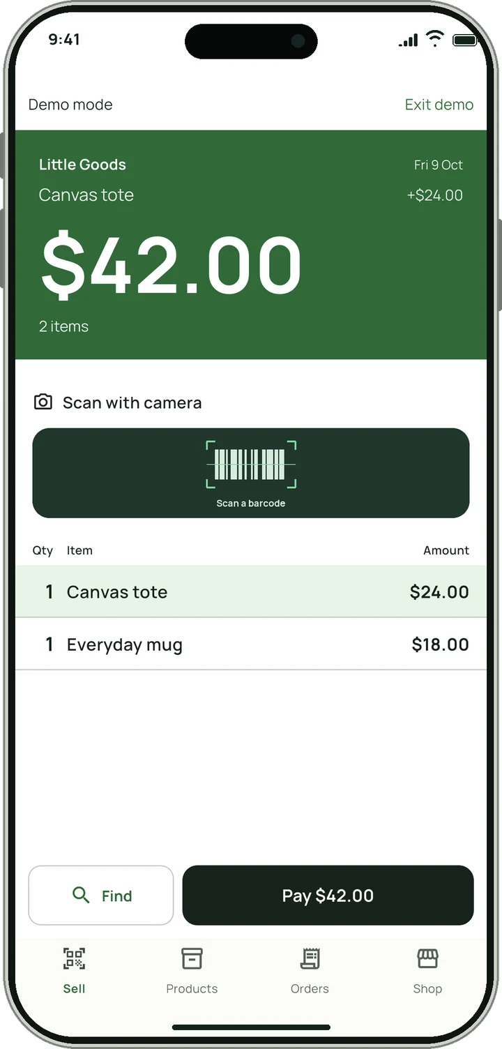 Selluvo selling screen: a green display shows a $42.00 total above a barcode scanner and two cart lines.
